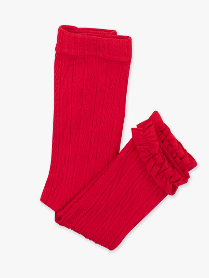 Girls Red Cable Knit Footless Ruffle Tights: Red