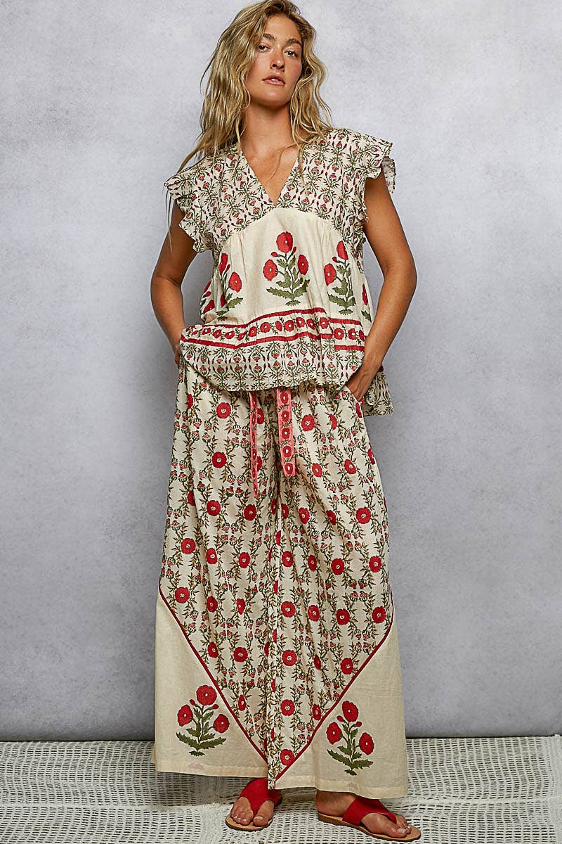 V-Neck Floral Pattern Ruffle Sleeve top and pant set