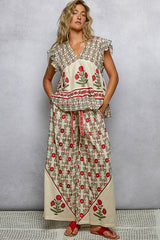 V-Neck Floral Pattern Ruffle Sleeve top and pant set
