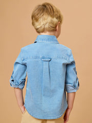 Boys Light Wash Stretch Denim Long Sleeve Button Down Shirt