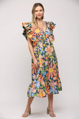 V-NECK RUFFLE SLV TIE BACK MIDI DRESS Navy