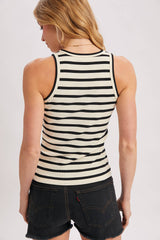 STRIPE RIBBED BOUND CREW NECK TANK TOP: Black