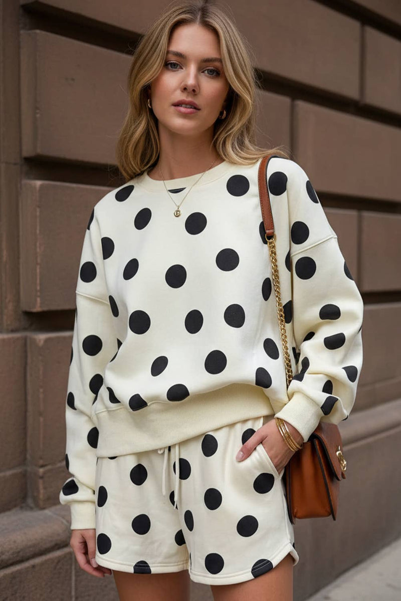 Polka Dot Print Drop Shoulder Pullover Drawstring Short Set