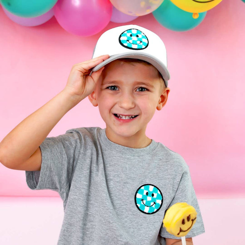 Smiley Checker Patch Short Sleeve T-Shirt - Kids Spring Tee: 7/8Y