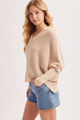 OPEN KNIT DOLMAN SLEEVED V-NECK KNIT SWEATER
