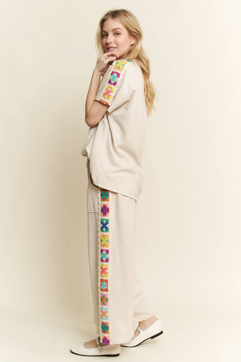 Mineral Washed Real Crochet patch side trim Pants With matching top