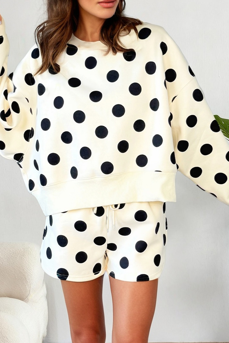 Polka Dot Print Drop Shoulder Pullover Drawstring Short Set