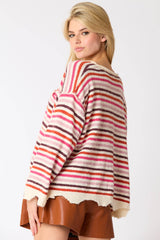 Poly Multi Color Stripe Loose Fit Raw Edge Sweater