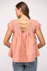 SHIRRED DETAIL SIDE TIE CAP SLV TOP-CORAL PINK