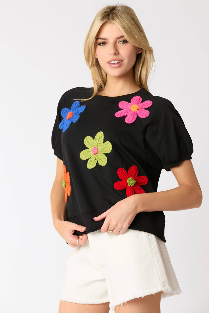 Multi Color Flower Trim Short Puff Sleeve Top