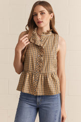 Plaid Carmel ruffle top