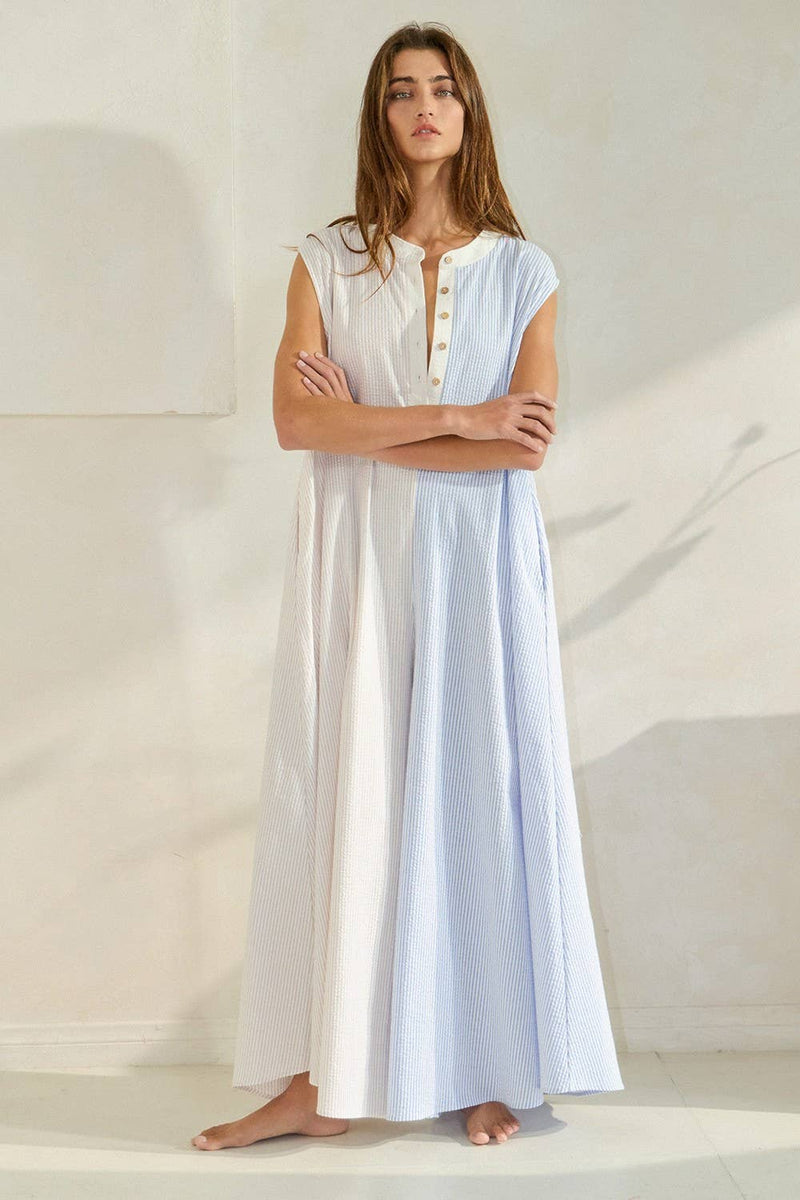 Seersucker Color-Block Wide Leg Jumpsuit