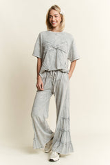 MineralWash Ribbon bow half sleeve shirt with ruffled flare bottoms