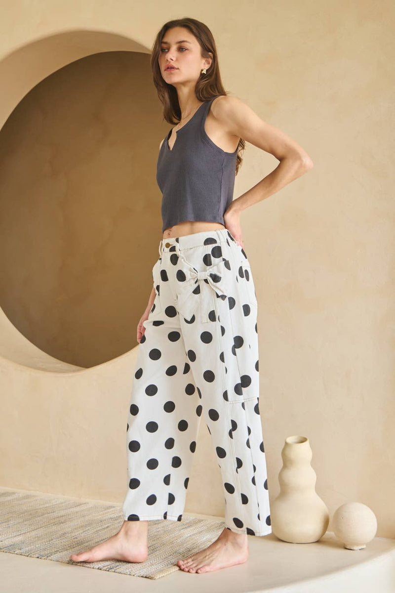 Polka Dot Printed Barrel Denim Pants