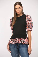 CONTRAST WOVEN SLV & HEM CREW NECK SWEATER