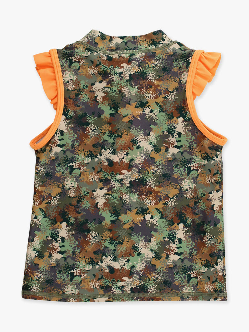 Girls Classic Camo Sleeveless Zip Ruffle Sleeve Active Top