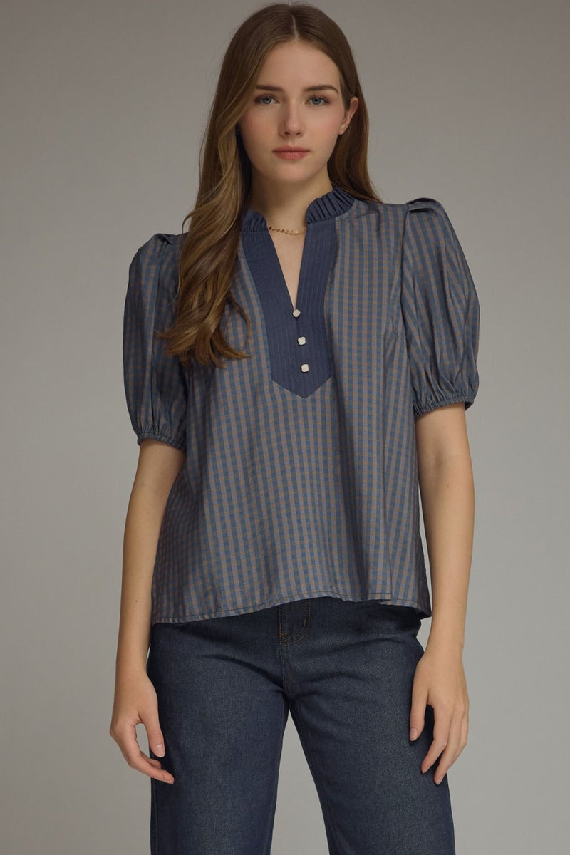 Navy and Taupe check top