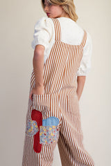 Striped twill overall with patch detail