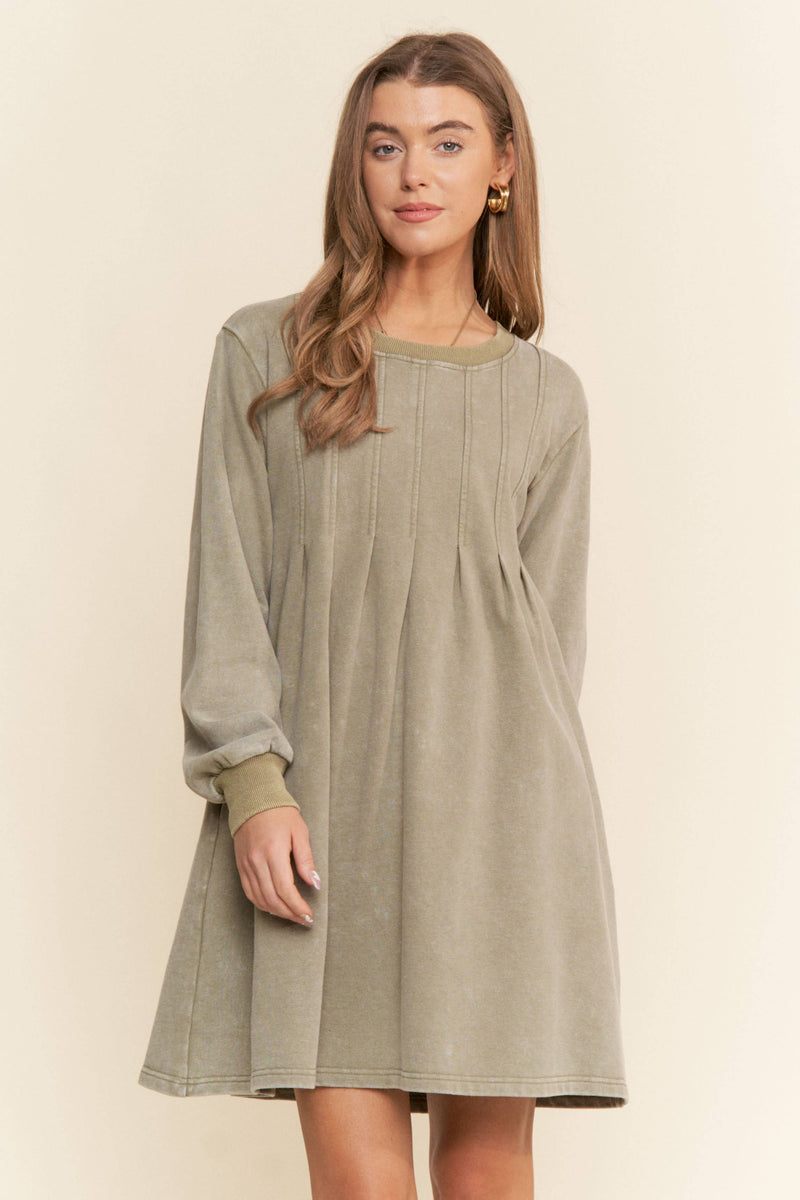 Pleated Round Neck Long Sleeve Sweater Dress