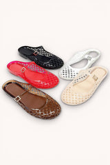 LATTICE JELLY MARY JANE STRAP SLIDE FLAT SLIP: RED