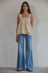 Woven Cotton Square Neck Sleeveless Flare Top