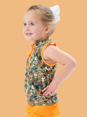 Girls Classic Camo Sleeveless Zip Ruffle Sleeve Active Top