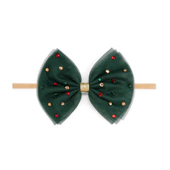 Emerald Rhinestone Christmas Tulle Bow Baby Headband - Hair