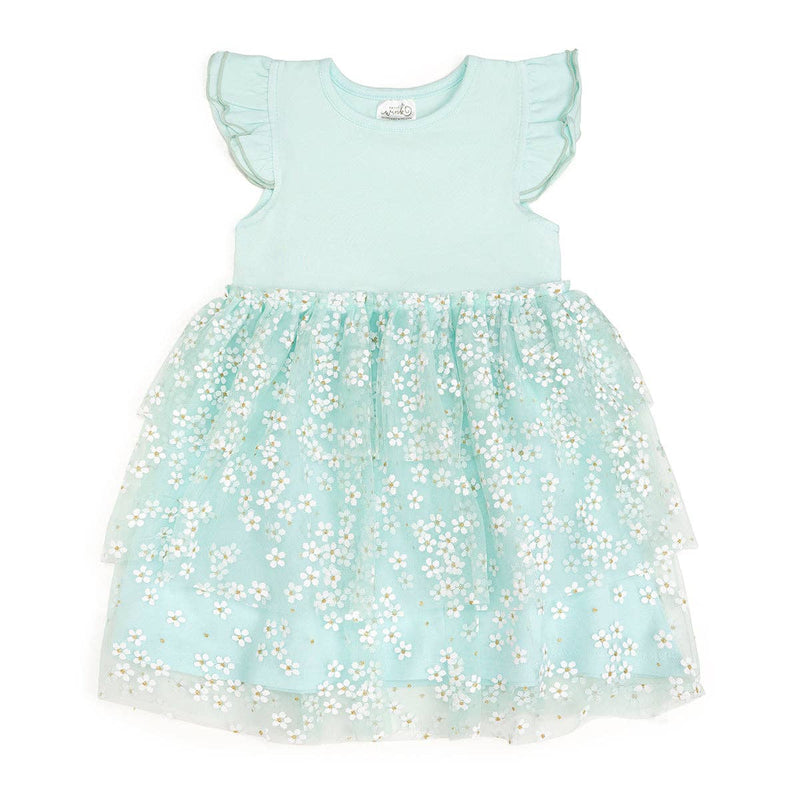 Aqua Ditsy Daisy Easter Tiered Short Sleeve Tutu Dress