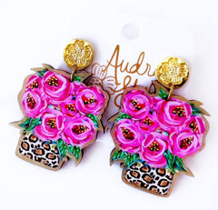 Leopard Rose Bouquet Dangle Earring Animal Print Flower Floral