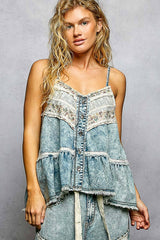 Double Gauze Denim Lace Patch Outseam Round Neck Sleeveless
