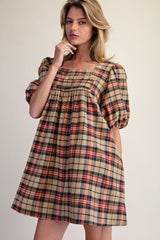 Bubble sleeve plaid dress