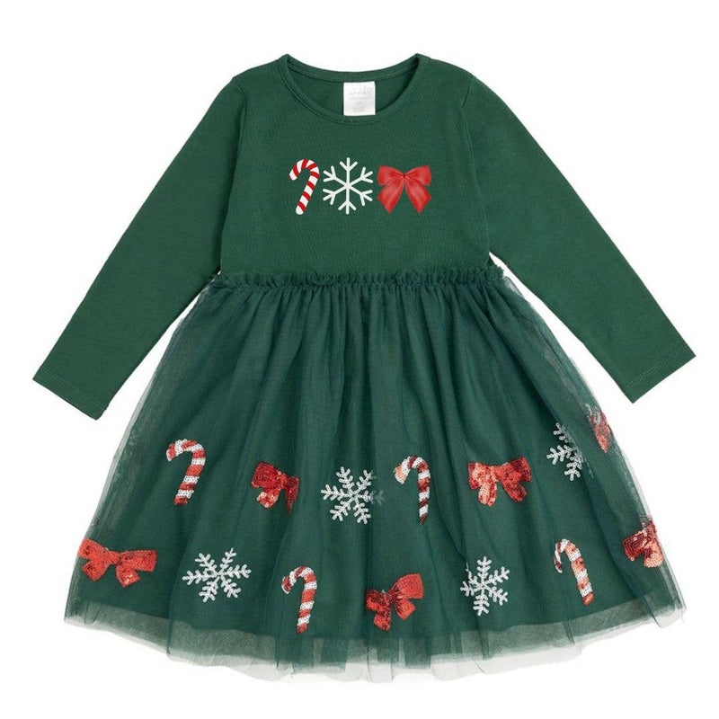 Emerald Candy Cane Sequin Christmas Long Sleeve Tutu Dress