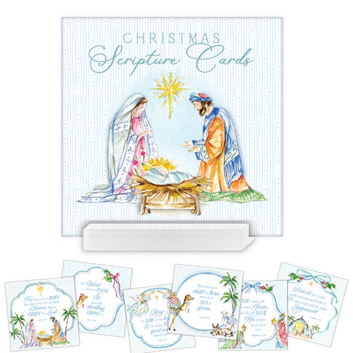 Blue Christmas Nativity Scripture Cards Acrylic Block Stand