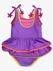 Girls Neon Purple Crochet Detail Peplum One Piece Swimsuit