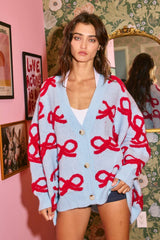 Oversized Ribbon Pullover Sweater Cardigan: CREAM/PINK