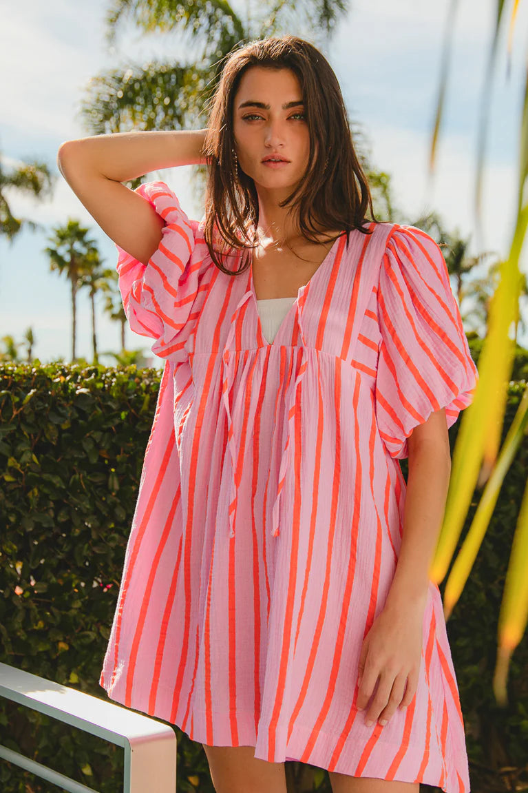 Gauze Front Tie Striped dress