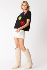 Multi Color Flower Trim Short Puff Sleeve Top