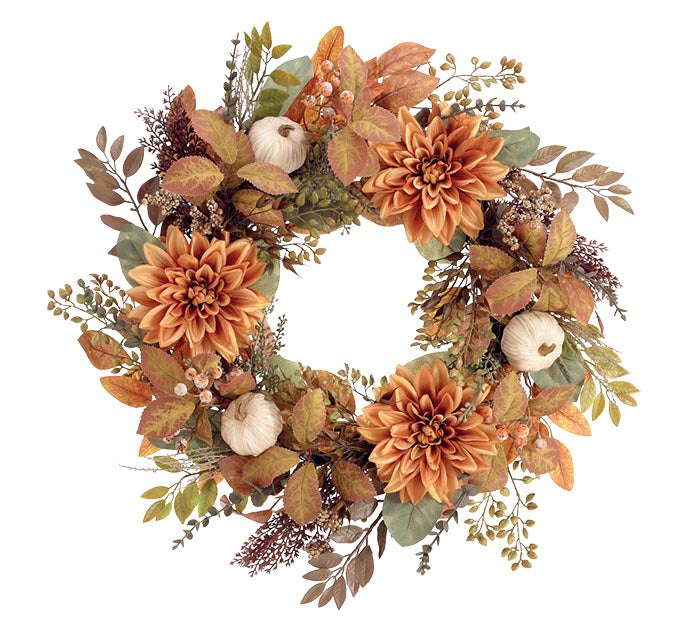 26” Fall Dahlias wreath with pumpkins