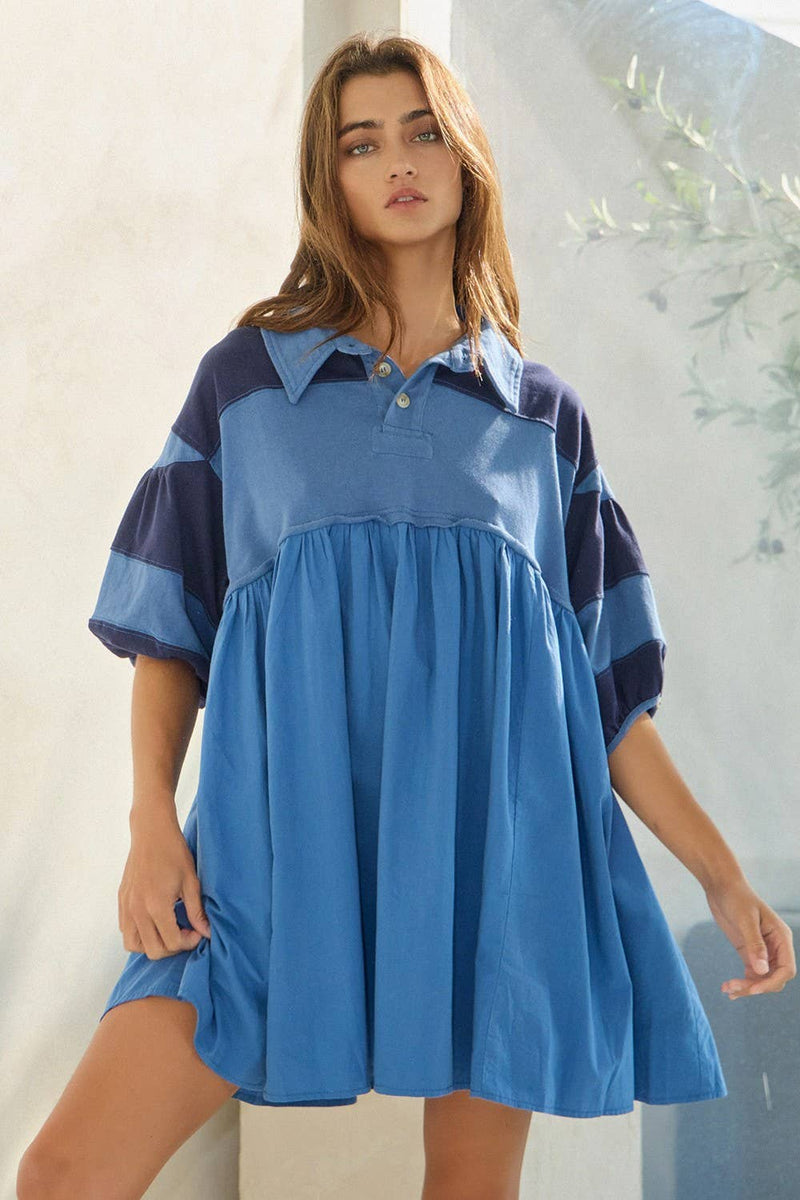 Billowy Shapeless Silhouette Rugby Mini Dress: Denim blue