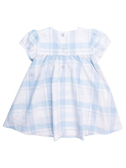 Girls Light Blue Windowpane Stripe Puff Sleeve Smocked Dress
