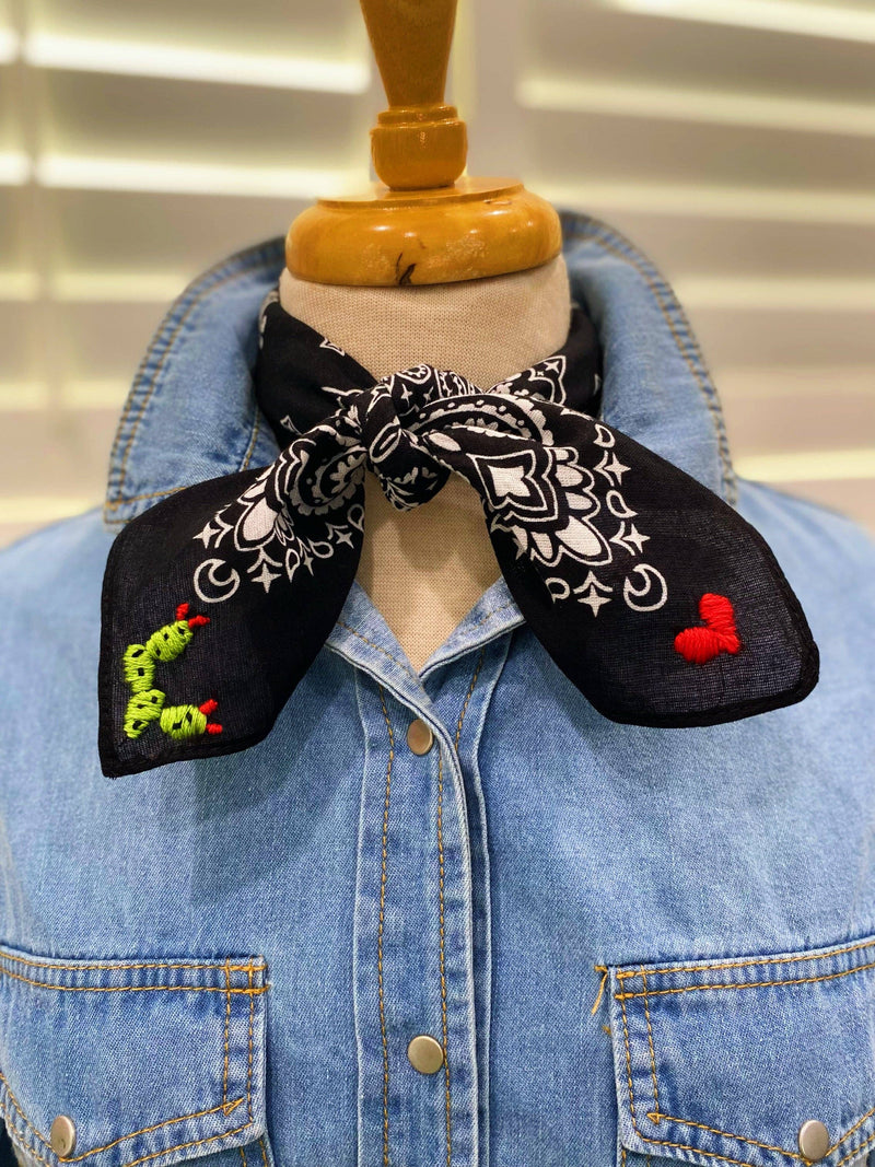 Embroidered Cactus ❤️ Bandana: White