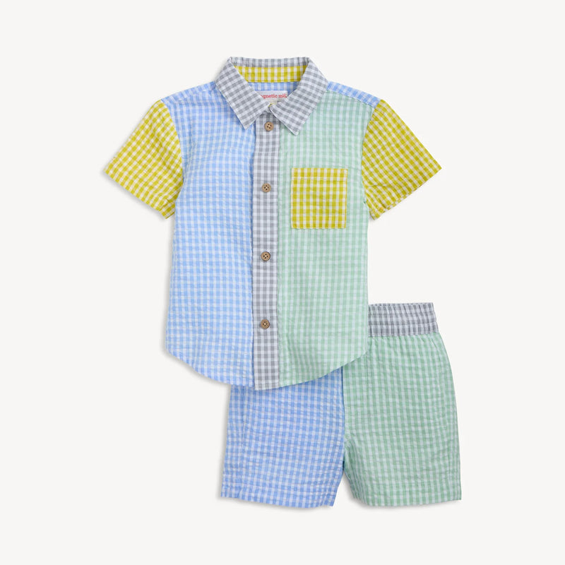 Multi gingham collared shirt and short set