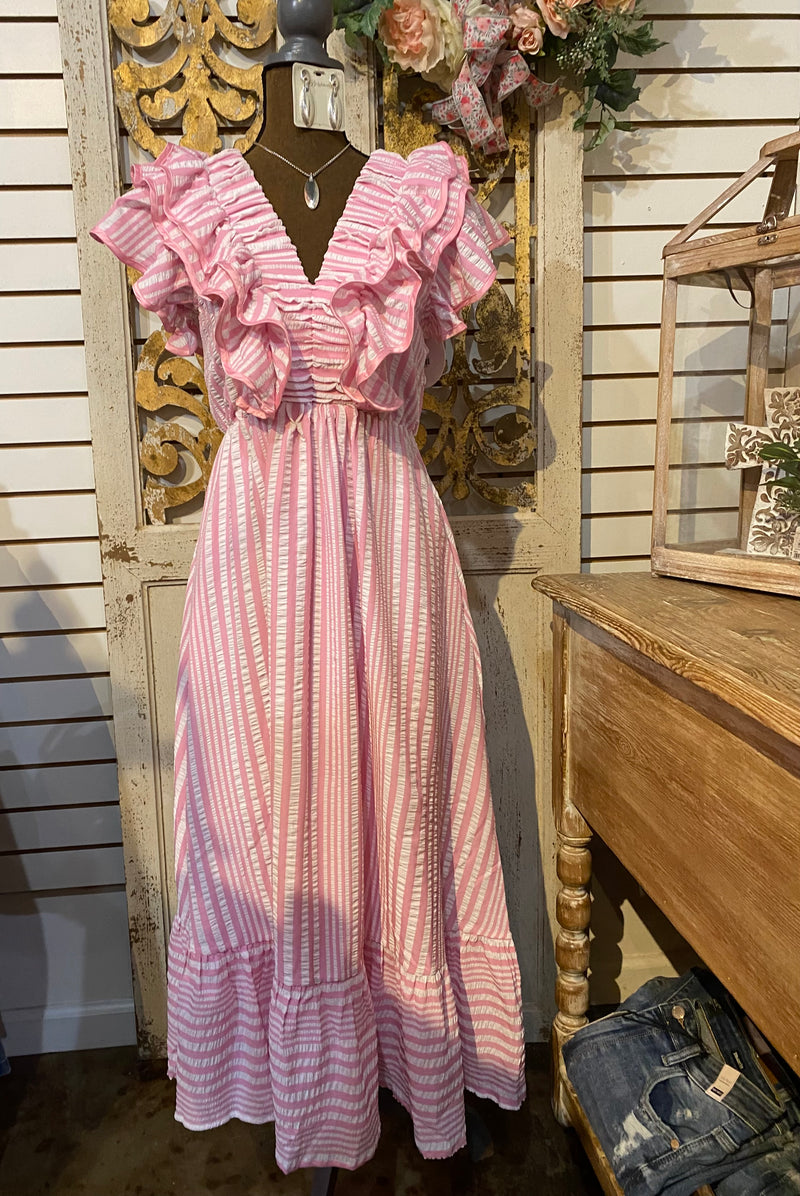 Striped ruffle midi dress