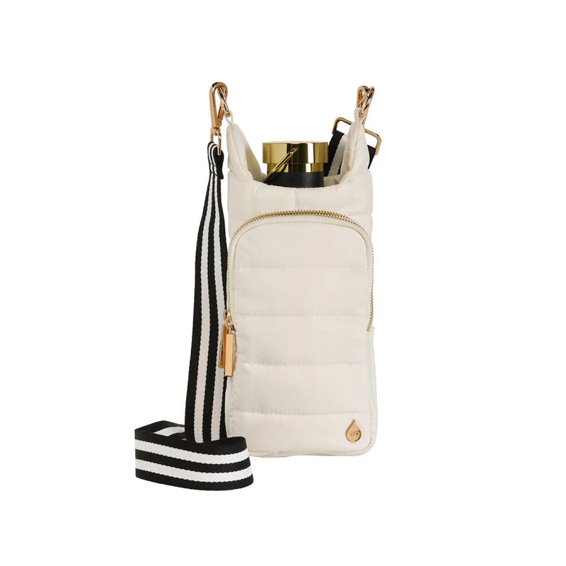 White hydro bag with black and white strap