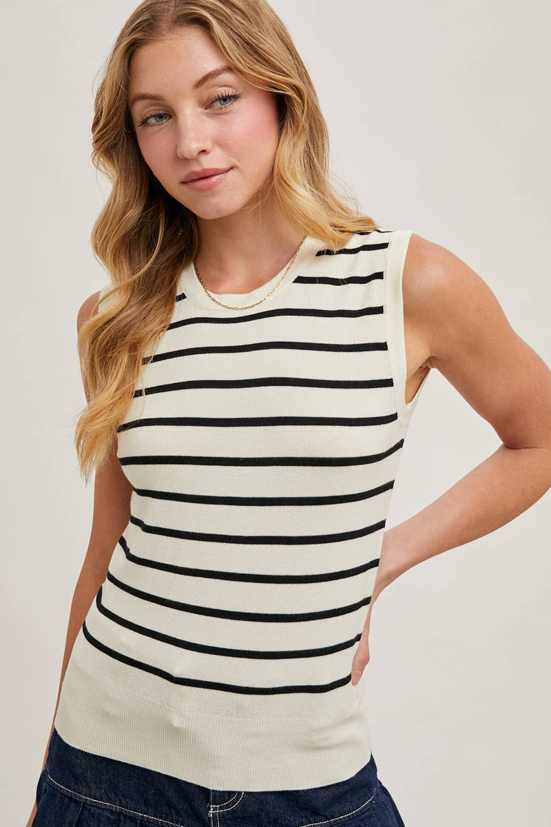 STRIPED MUSCLE KNIT TANK TOP: BLACK STRIPE