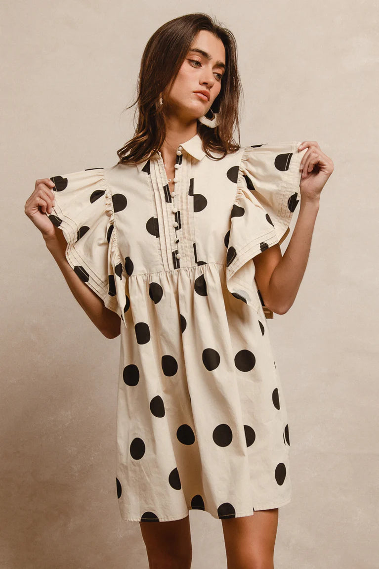 Woven dot print ruffle dress