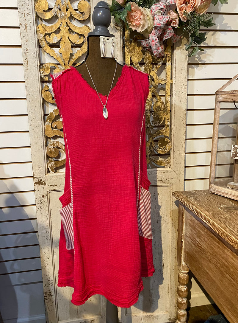 Cherry red Texured frayed trim pocket dress