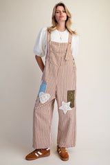 Striped twill overall with patch detail