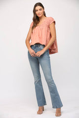 SHIRRED DETAIL SIDE TIE CAP SLV TOP-CORAL PINK