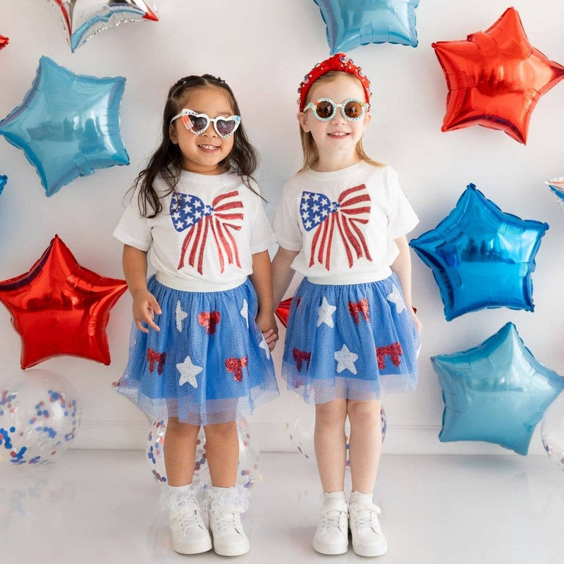 Patriotic Sequin Bow Patch Short Sleeve T-Shirt